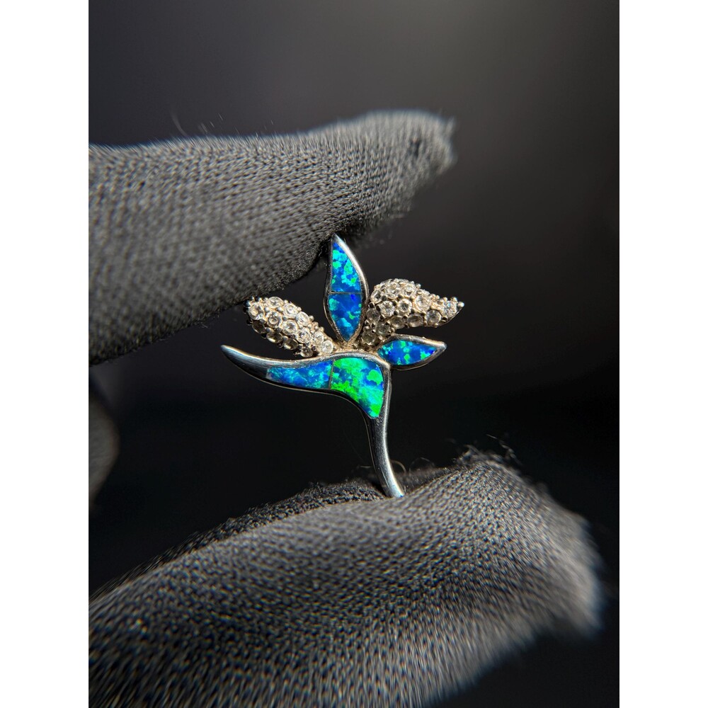 Vintage 925 Sterling Silver Lab Opal CZ Flower Pendant